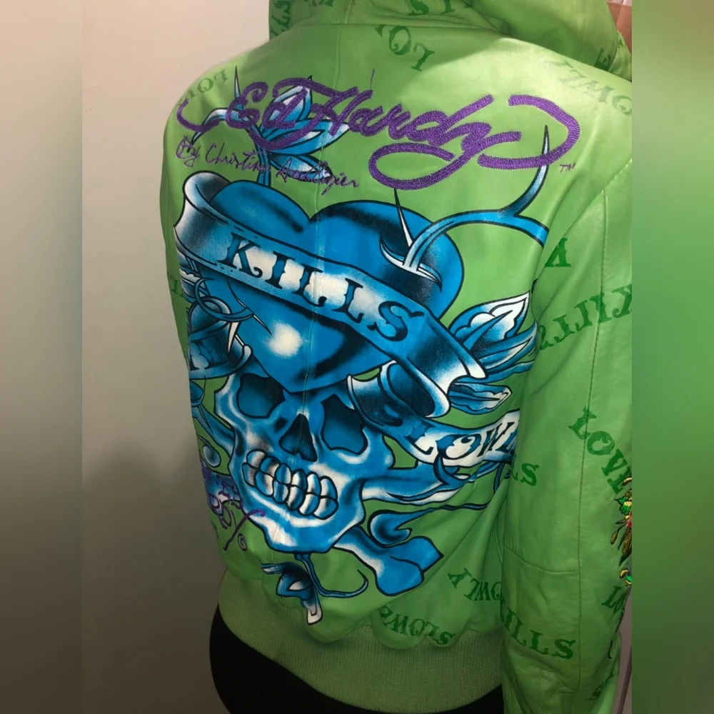 Ed Hardy by Christian Audigier Green Pink Leather Jacket hoodie Women's Medium